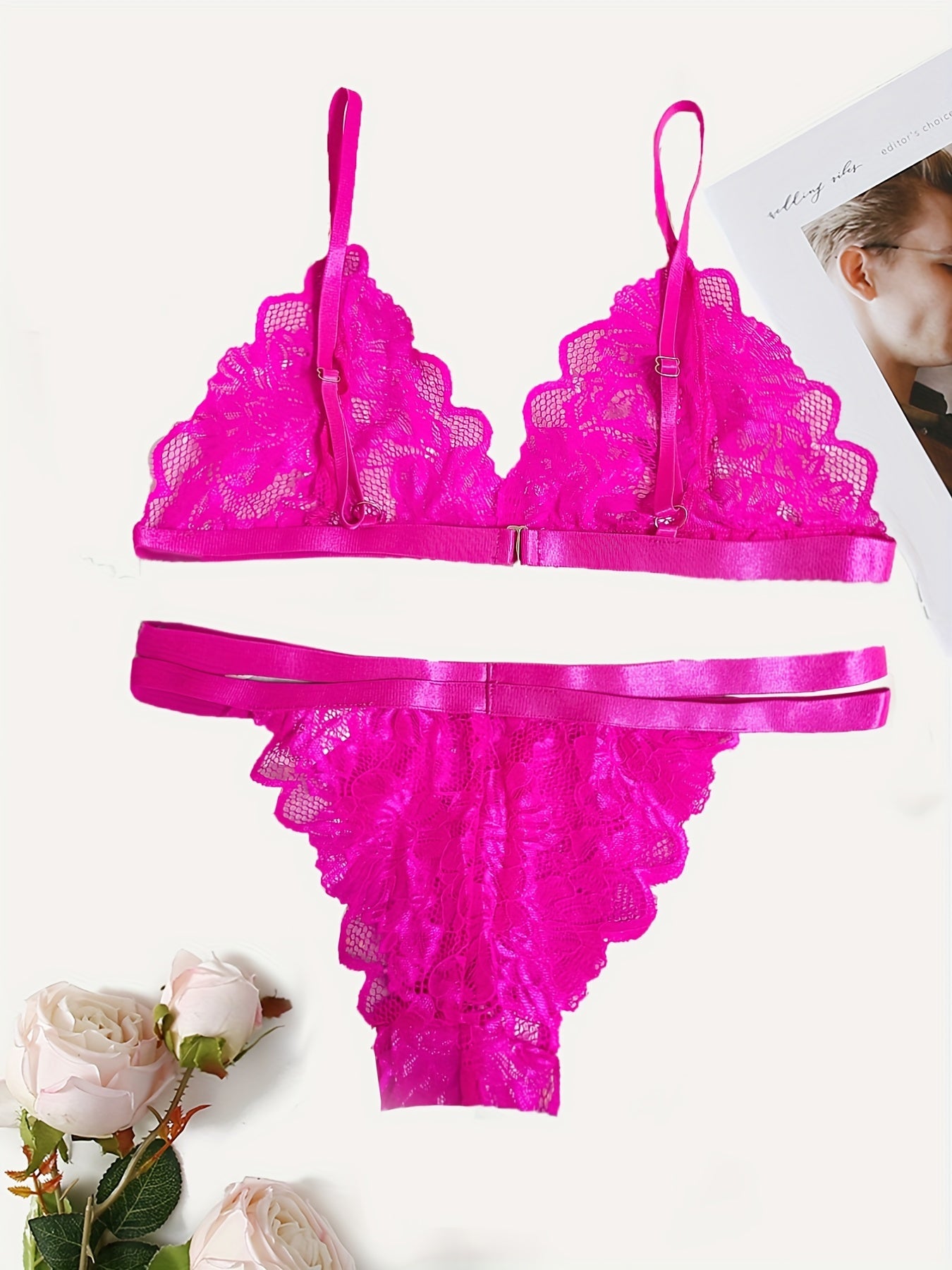 Conjunto de lencería de encaje floral caliente, sujetador de copas triangulares y braguitas semitransparentes, lencería y ropa interior sexy para mujeres