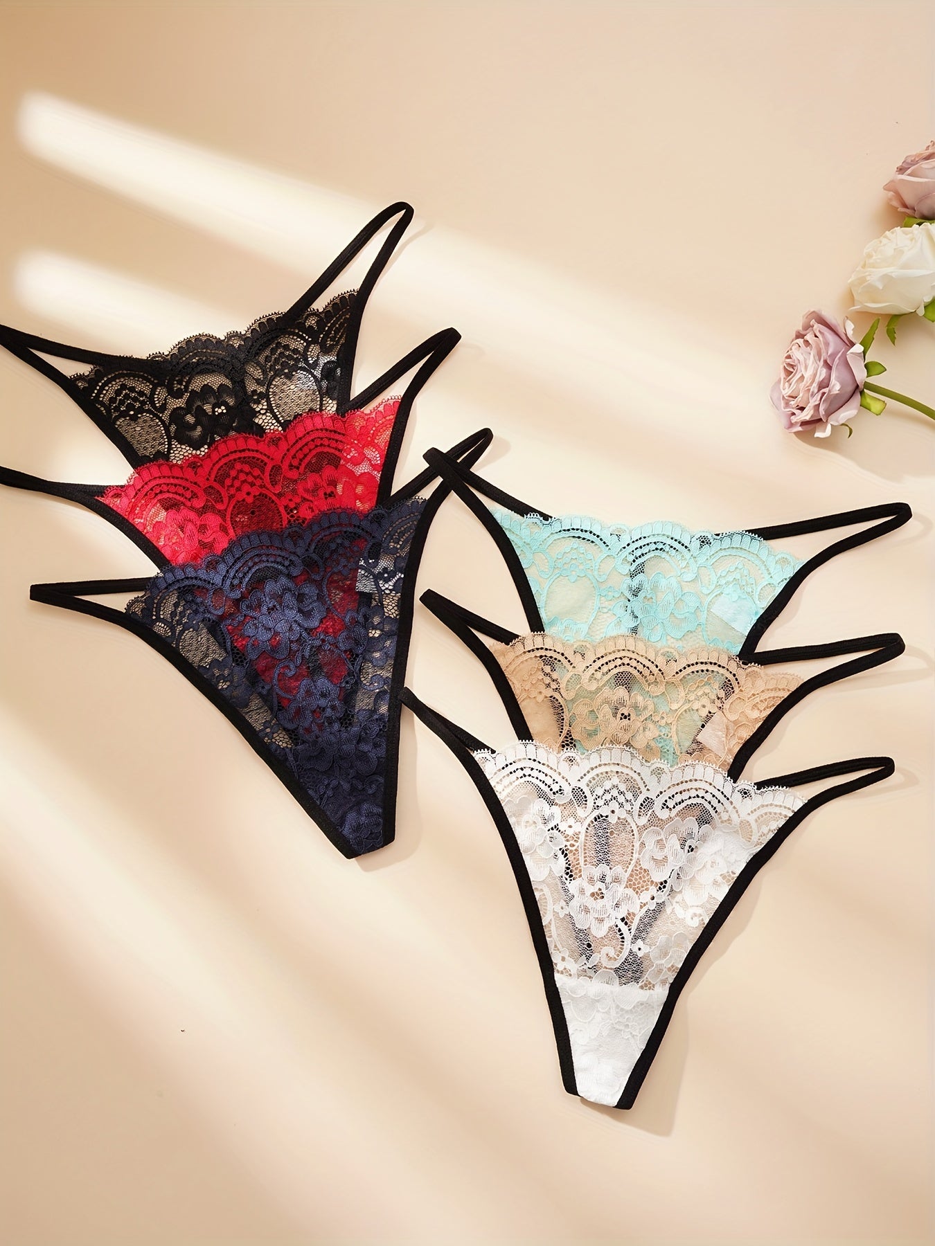 Tangas De Encaje Floral De 6 Piezas, Bragas Elásticas Semitransparentes Cómodas Y Transpirables, Lencería Y Ropa Interior Sexy Para Mujer