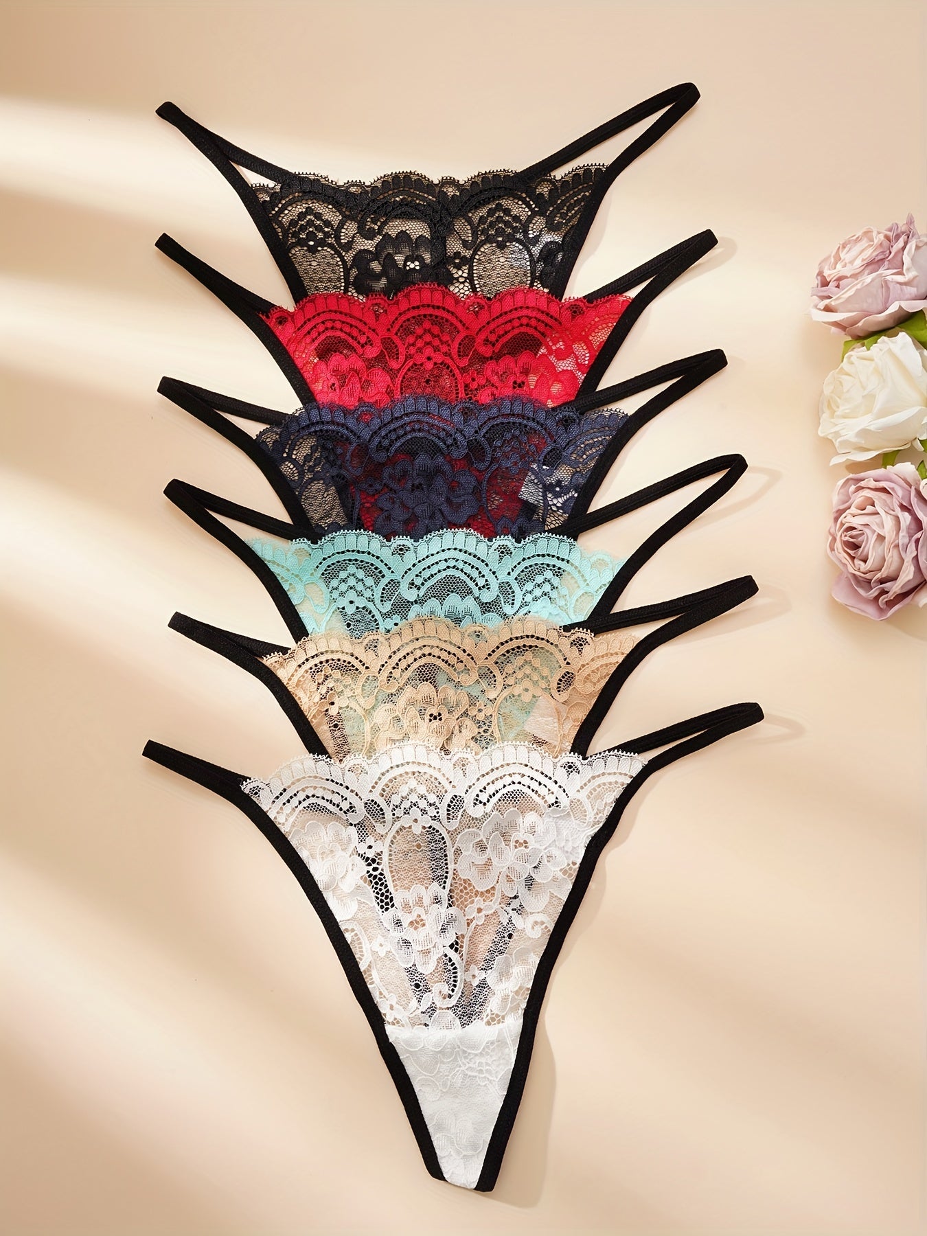 Tangas De Encaje Floral De 6 Piezas, Bragas Elásticas Semitransparentes Cómodas Y Transpirables, Lencería Y Ropa Interior Sexy Para Mujer